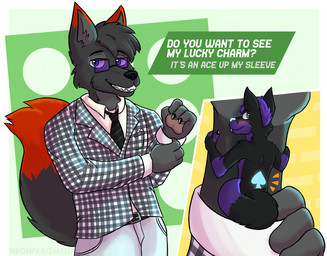 ace_of_spades anthro black_body black_fur blue_eyes blue_nose blush cheek_tuft clothed clothing cosmic_hair dipstick_tail duo ethereal_hair eyewear facial_tuft fur fur_markings glasses glowing glowing_nose happy hidden male male/male markings micro multicolored_body necktie purple_body purple_fur shrunk simple_background size_difference sleeves smug spades_(marking) sparkles tail tail_markings text tuft two_tone_body wearing_glasses neonfragment kitsunaki mark_teh_fox_(foxinator273) canid canine canis fox mammal wolf 2022 english_text half-length_portrait portrait shaded