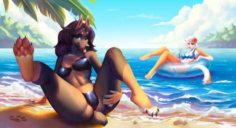 anthro beverage bikini blue_bikini blue_clothing blue_eyes blue_swimwear clothing detailed_background duo female fur hair looking_at_viewer one_eye_closed outside presenting sky smile spread_legs spreading swimwear tongue tongue_out two-piece_swimsuit water wink koda_walker canid canine canis dobermann domestic_dog mammal pinscher 2021 absurd_res alternate_version_at_source digital_media_(artwork) hi_res shaded