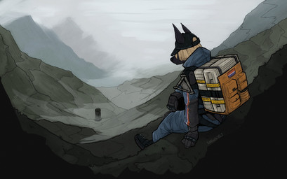 backpack boots clothing cloud ears_up flag fog foggy_background footwear gloves handwear male mountain mountain_range pointy_ears shoes sitting solo mawkvlt hi_res