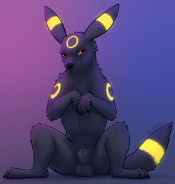 animal_genitalia balls black_body black_fur feral fully_sheathed fur genitals glowing glowing_markings gradient_background male markings sheath simple_background sitting solo spread_legs spreading tail yellow_markings koba nintendo pokemon eeveelution generation_2_pokemon pokemon_(species) umbreon 2025 absurd_res hi_res huge_filesize shaded
