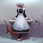 annoyed anthro blush clothing concrete_wall dress female front_view full_body_view looking_away maid_apron maid_uniform solo solo_in_panel standing uniform wall_(structure) errokioslem hela_(erro_kioslem) fish ground_shark hammerhead_shark marine shark 1:1 hi_res