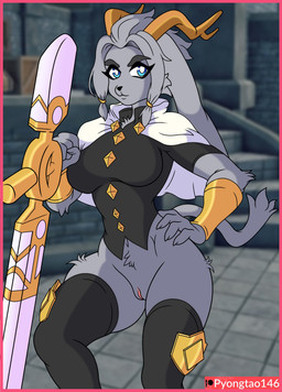 2_horns 4_fingers accessory anthro antlers armor big_breasts biped black_clothing black_footwear black_legwear black_nose black_socks black_thigh_highs black_thigh_socks black_topwear black_vest blue_eyes blurred_background border bottomless bottomless_anthro bottomless_female bracers breasts capelet claws clothed clothed_anthro clothed_female clothing eyebrows eyelashes female female_anthro finger_claws fingers footwear genitals glistening glistening_eyes gold_(metal) gold_bracers grey_eyebrows grey_hair grey_tail hair hair_accessory hair_ring hand_on_hip holding_melee_weapon holding_object holding_weapon horn legwear looking_at_viewer melee_weapon mouth_closed navel patreon_logo patreon_username pink_border socks solo tail text thigh_highs thigh_socks topwear vest vulva weapon white_capelet white_clothing yellow_horn pyongtao_(artist) patreon pseudoregalia sybil_(pseudoregalia) bovid caprine hybrid jackalope lagomorph mammal 2024 absurd_res artist_name digital_media_(artwork) hi_res