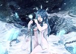 blue_eyes breasts chain clothed clothing cold convenient_censorship crown ear_piercing ear_ring female headgear ice ice_sword melee_weapon not_furry outside piercing ring_piercing skimpy snow solo sword tiara weapon barbariank elf humanoid hi_res