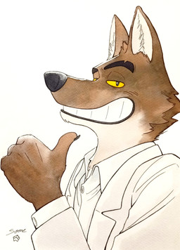 anthro brown_body brown_fur claws clothing ears_up eyebrows fur gesture hand_gesture looking_at_viewer male pointing pointing_at_self shirt simple_background smile smiling_at_viewer solo suit teeth topwear white_background white_clothing white_shirt white_suit white_topwear yellow_eyes some_(someone) dreamworks the_bad_guys mr._wolf_(the_bad_guys) canid canine canis mammal wolf absurd_res hi_res painting_(artwork) watercolor_(artwork)