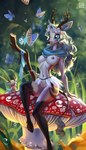 anthro antlers areola blue_eyes breasts cloven_hooves female flower flower_crown fungus hair hooves horn long_hair mushroom nipples plant scarf staff thick_thighs wide_hips holivi arthropod butterfly deer insect jackalope lagomorph lepidopteran mammal absurd_res hi_res