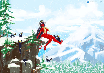 anthro black_body black_fur cliff eyes_closed female feral forest forest_background fur humor mostly_nude mountain nature nature_background plant playful playing red_body red_fur scarf scarf_only sitting sky smile snow snowing snowing_outside solo tree winter umbraunderscore lili_(umbraunderscore) domestic_cat felid feline felis leopard mammal pantherine absurd_res hi_res gynomorph_(lore)