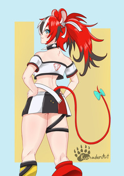 accessory animal_ears animal_tail black_bottomwear black_clothing black_hair black_skirt blue_background blue_eyes blush bottomwear bow_ribbon clothing collar eyelashes female fur furgonomics hair hand_on_hip highlights_(coloring) inner_ear_fluff looking_at_viewer looking_back looking_back_at_viewer multicolored_skirt rear_view red_body red_fur red_hair ribbons simple_background skirt smile solo spiked_collar spikes tail tail_accessory tail_bow tail_ribbon tan_body tan_skin thick_thighs topwear tuft white_bottomwear white_clothing white_highlights white_skirt white_topwear wide_hips yellow_background kumadentart hololive hololive_en vtuber hakos_baelz animal_humanoid humanoid mammal mammal_humanoid murid murid_humanoid murine murine_humanoid rat_humanoid rodent rodent_humanoid hi_res