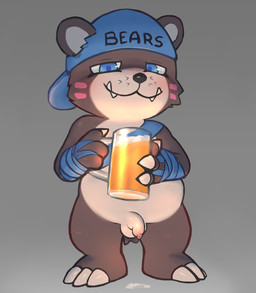 alcohol anthro balls beer belly beverage bodily_fluids clothing flaccid foam genital_fluids genitals hand_wraps hat headgear headwear holding_glass holding_object humanoid_genitalia humanoid_penis implied_watersports male penis smug solo standing urine watersports wraps young young_anthro young_male badipoki bandai_namco digimon bear bearmon digimon_(species) mammal absurd_res hi_res