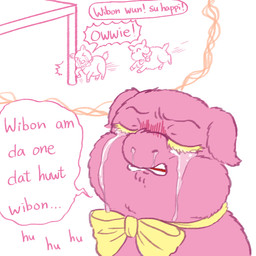 >_< ambiguous_feral ambiguous_gender baby_talk blonde_eyelashes bodily_fluids bow_tie clenched_teeth crying dialogue eyelashes eyes_closed feral fur furniture laugh memory pain pained_expression pink_body pink_fur running snot table tail tears teeth text yellow_bow_tie young young_ambiguous young_feral yellowcottoncandy030 fluffy_pony fluffy_pony_(species) mammal 1:1 2025 comic digital_media_(artwork) english_text hi_res
