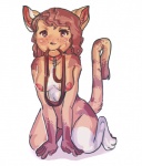 anthro biped breasts brown_eyes brown_hair collar female hair kneeling leash leash_in_mouth looking_at_viewer nipples nude object_in_mouth simple_background smile solo white_background arh ell_(arh) domestic_cat felid feline felis mammal tabby_cat