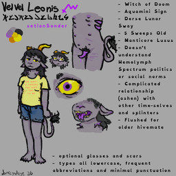 ambiguous_gender anthro black_hair bodily_fluids bottomwear breasts broken_horn circle_eyebrows clothing colored_cum crotch_tentacles cum eyebrows eyewear forked_tongue genital_fluids genitals gills glasses grey_body grub_scars gynomorph hair horn intersex interspecies leg_scar multi_nipple nipples paws pubes purple_eyes scar shorts solo tail tail_tuft tentacles text text_on_clothing thigh_scar tongue tuft unusual_anatomy unusual_bodily_fluids unusual_cum unusual_genital_fluids unusual_genitalia yellow_sclera young darkcyndoge homestuck ms_paint_adventures velvel_leonis alien animal_humanoid arthropod arthropod_humanoid horned_humanoid humanoid troll_(homestuck) 1:1 artist_name english_text model_sheet signature