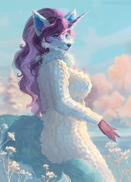 anthro blue_hair blue_nails breasts cloud colored_nails female hair horn looking_at_viewer looking_back looking_back_at_viewer nails outside pink_hair plant smile solo tail devergilia canid mammal 2025 hi_res