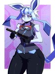 anthro arm_tuft blue_body blue_eyes bottomwear breasts clothing elbow_tuft eyebrows eyelashes eyewear female gloves goggles goggles_around_neck gun hair handgun handwear holding_gun holding_object holding_ranged_weapon holding_weapon pants pistol ranged_weapon shoulder_tuft silencer solo thick_thighs tuft weapon wide_hips sozokuu nintendo pokemon eeveelution generation_4_pokemon glaceon pokemon_(species) 2025 hi_res