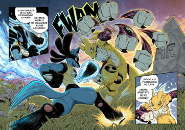 3_fingers abs action_pose angry anthro arm_tuft armwear athletic aura battle biceps big_breasts biped black_body black_claws black_fur black_nose black_sclera blue_body blue_eyes blue_fur breasts bridal_gauntlets butt cheek_tuft chest_tuft claws clothed clothed/nude clothing cloud countershade_torso countershading curvy_figure deltoids dialogue double_tomoe duo ears_back ears_up energy facial_markings facial_tuft female fight fingers fist frown fur fur_markings grass head_markings ink jumping larger_female leg_markings light logo long_ears long_tale looking_at_another looking_down looking_up male markings mask_(marking) motion_lines muscular muscular_female muscular_male navel neck_tuft nude onomatopoeia outside paws pecs pink_paws pivoted_ears plant pose punch purple_body purple_clothing purple_fur raised_leg red_eyes rock running shoulder_tuft simple_background size_difference sky smaller_male sound_effects spikes spread_legs spreading sunset tan_body tan_fur text thick_thighs thigh_markings tomoe_(symbol) triceps tuft tuft_ears white_background white_body white_countershading white_fur wide_hips yellow_body yellow_fur yin_yang trejoshurtado bandai_namco digimon nintendo pokemon digimon_(species) generation_4_pokemon generation_5_pokemon golurk lucario pokemon_(species) renamon absurd_res colored comic crossover hi_res shaded spanish_text