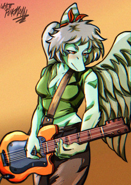 anthro biped black_bottomwear black_clothing black_pants blue_body blue_scales bone_frill bottomwear breasts clothed clothed_anthro clothed_female clothing electric_guitar feathered_wings feathers female fingers frill_(anatomy) front_view frown green_clothing green_shirt green_topwear grey_body grey_feathers grey_hair guitar hair holding_guitar holding_musical_instrument holding_object humanoid_hands looking_down low-angle_view markings medium_breasts medium_hair musical_instrument non-mammal_breasts orange_background orange_eyes pants playing_guitar playing_music plucked_string_instrument scales shirt simple_background solo standing string_instrument striped_markings stripes text topwear wings whit3pinkmann cavemanon_studios snoot_game amber_(snoot_game) prehistoric_species pterosaur reptile scalie 2024 artist_name chromatic_aberration colored hi_res shaded