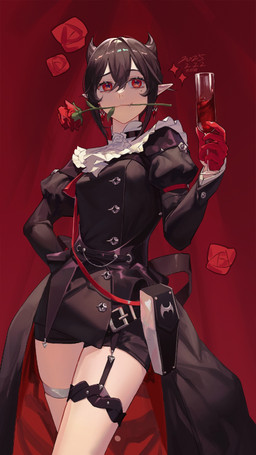 black_clothing breasts clothing container cup drinking_glass female flower flower_in_mouth front_view glass glass_container glass_cup holding_container holding_cup holding_drinking_glass holding_object holding_wine_glass humanoid_pointy_ears markings mole_(marking) not_furry plant pointy_ears red_background red_eyes rose_(flower) rose_in_mouth simple_background smile solo wine_glass mmtang arknights hypergryph studio_montagne entelechia_(arknights) humanoid vampire 2025 9:16 digital_media_(artwork) hi_res