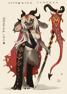 4_horns :3 anthro areola bangs bedroom_eyes biped black_claws black_highlights black_horn black_nose black_ribbon black_sash black_text breasts chest_tuft claws closed_smile clothing countershading cute_fangs ear_piercing ear_stud eyebrow_through_hair eyebrows eyelashes fangs feet female female_anthro finger_claws fingers flag front_view fur genitals hair hair_between_eyes hand_behind_head headdress headgear headwear highlights_(coloring) holding_object holding_staff horn innie_vulva jewelry long_ears long_eyelashes long_hair looking_at_viewer medium_breasts mostly_nude mostly_nude_anthro mostly_nude_female mouth_closed multi_horn multicolored_body multicolored_fur narrowed_eyes nipples on_one_leg one_fang piercing pink_areola pink_inner_ear pink_nipples pose pupils purple_clothing purple_headdress purple_headwear red_clothing red_eyes red_headdress red_headwear ribbon_only ribbons sash seductive simple_background slit_pupils smile smiling_at_viewer snaggle_tooth solo staff standing teeth text thick_thighs toe_claws toes translucent translucent_hair tuft two_tone_body two_tone_fur veil vulva white_background white_body white_countershading white_fur white_hair wide_hipped_anthro wide_hipped_female wide_hips yellow_sclera waspsalad hybrid lagomorph leporid mammal rabbit 2025 artist_name english_text full-length_portrait hi_res pinup portrait