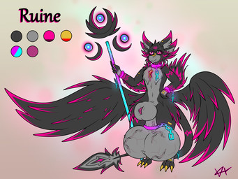 animal_genitalia anthro balls big_balls black_body black_fur chain crystal fangs front_view fuchsia_fur fur genitals grey_body grey_fur huge_balls hyper hyper_balls hyper_genitalia magic_wand male markings multicolored_body nude penis penis_tip saggy_balls sheath solo teeth two_tone_body vein veiny_balls wide_hips wings elysios ruine_(elysios) avali hi_res
