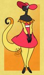 anthro black_body breasts clothing dress female frill_(anatomy) hat headgear headwear neck_frill non-mammal_breasts red_clothing red_dress red_hat red_headwear smile solo sun_hat yellow_body nerdyreindeer nintendo pokemon generation_6_pokemon heliolisk lizard pokemon_(species) reptile scalie hi_res