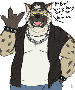 alternative_fashion anthro armband backwards_baseball_cap backwards_cap backwards_hat band-aid band-aid_on_face bandage bandage_on_face barazoku baseball_cap belly biceps big_belly big_muscles big_pecs black_baseball_cap black_body black_clothing black_fur black_hat black_headwear black_jacket black_topwear black_wristband blue_bottomwear blue_clothing blue_jeans blue_pants bottomwear bracelet brown_body brown_fur bully chain chain_jewelry chain_necklace clothing collar delinquent denim denim_bottomwear denim_clothing dialogue fangs fur greeting greeting_viewer grin grinning_at_viewer hand_in_pocket hat headgear headwear in_denial jacket jeans jewelry looking_at_viewer male manly markings multicolored_body multicolored_fur musclegut muscular muscular_anthro muscular_arms muscular_male necklace no_homo open_mouth pants pecs pockets pose punk rebel shirt simple_background smile smiling_at_viewer solo speech_bubble spiked_armband spiked_bracelet spiked_collar spikes spots spotted_body spotted_fur spotted_markings standing teeth text thick_arms tongue topwear torn_clothing torn_jacket torn_sleeves tough_guy white_background white_body white_clothing white_fur white_shirt white_topwear wristband yellow_eyes hikari-star hyena mammal spotted_hyena english_text hi_res