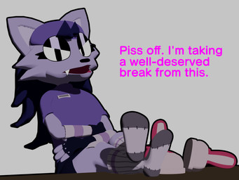 angry anthro clothing dialogue discarded_clothing discarded_shoes feet female foot_fetish foot_on_table footwear furniture humanoid_feet paws plantigrade relaxing simple_background socks solo table white_background colonthreeguy freakwithatag sam_spike_(freakwithatag) canid canine mammal 3d_(artwork) 4:3 digital_media_(artwork) hi_res