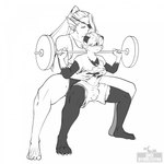 anthro blush bottomwear bulge clothed clothing duo exercise eye_patch eyewear female logo male shirt shorts simple_background topwear weightlifting weights white_background workout bubblejinxart undertale_(series) aimi_(sleepysushiroll) undyne bear fish giant_panda humanoid mammal marine 1:1 2022 artist_logo hi_res monochrome