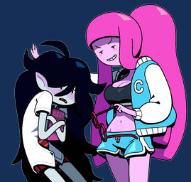 alternate_costume alternate_universe bangs black_hair blunt_bangs blush book bottomwear bra breasts cleavage clothed clothing duo eyewear fangs female female/female food glasses hair humanoid_pointy_ears jacket letterman_jacket necktie not_furry pink_hair pointy_ears ponytail purple_blush shirt shorts skirt smile sports_bra teeth topwear underwear discount-supervillain adventure_time cartoon_network marceline_abadeer princess_bubblegum candy_people_(at) demon food_creature human humanoid mammal vampire
