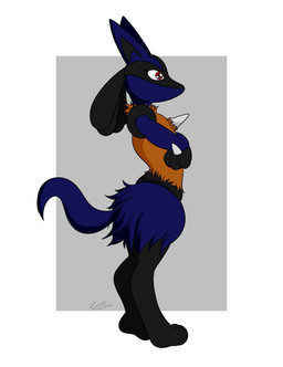 3_toes abstract_background alternate_color anthro biped blue_body blue_fur eyelashes feet female fur red_eyes simple_background solo spikes standing tail toes white_background mrpandragon nintendo pokemon canid canine generation_4_pokemon lucario mammal pokemon_(species) 2014 absurd_res aliasing digital_media_(artwork) hi_res signature