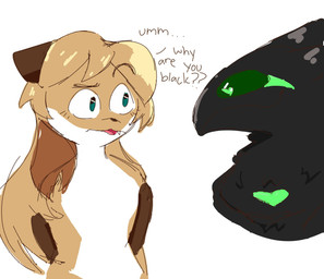 anthro black_body brown_body brown_fur duo female female_anthro fur gloves_(marking) green_eyes hair markings simple_background text white_body white_fur conditional_dnp unknown_artist averi_(fiddleafox) canid canine fox mammal unknown_species character_request english_text hi_res