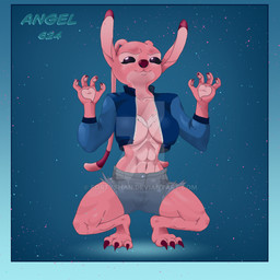 3_toes 4_fingers abs antennae_(anatomy) antennae_markings anthro biped black_eyes blue_clothing blue_jacket blue_topwear border bottomwear breast_markings breasts claws clothed clothing confetti crouching daisy_dukes denim denim_bottomwear denim_clothing denim_shorts dotted_background ear_markings eyelashes feet female finger_claws fingers fur gradient_border heart_pawpads hotpants jacket letterman_jacket long_antennae looking_at_viewer markings midriff navel open_clothing open_jacket open_topwear pattern_background pawpads pink_body pink_fur purple_claws purple_finger_claws purple_markings purple_nose purple_toe_claws shorts simple_background small_waist smile solo text toe_claws toes topwear fortyshan disney lilo_and_stitch angel_(lilo_and_stitch) alien experiment_(lilo_and_stitch) 1:1 2025 character_name distracting_watermark english_text url watermark