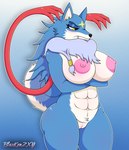 abs amber_eyes anthro anthrofied areola big_breasts blue_body blue_fur breasts crossed_arms crossgender curled_tail fangs female fur genitals hair long_hair mtf_crossgender multicolored_body multicolored_fur muscular muscular_female neck_tuft nipples nude pink_areola pink_nipples pussy simple_background solo tail teeth thick_thighs tuft white_body white_fur wide_hips blazkenzxy bandai_namco digimon canid canine canis digimon_(species) gaogamon mammal wolf 2022 digital_media_(artwork) hi_res signature