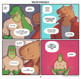 ^_^ anthro blush brown_body clothing dialogue duo eyes_closed four_frame_image front_view green_body hand_on_neck holding_bag inviting jacket looking_away male nervous page_number smile speech_bubble sweater tail tail_motion tailwag text topwear wolfanine tang_(wolfanine) tooth_(wolfanine) alligator alligatorid capybara caviid crocodilian mammal reptile rodent scalie absurd_res comic english_text hi_res multiple_scenes url