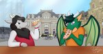 anthro clothed clothing completo crowd duo food fur green_body green_fur group hot_dog male wings princess_joanne mythology dragon eastern_dragon mythological_creature mythological_scalie scalie absurd_res hi_res