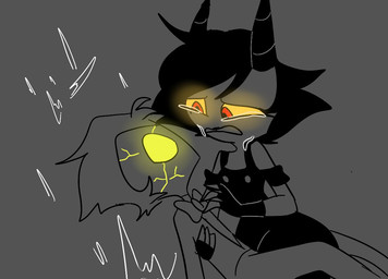 black_hair bow_tie broken_halo clothing cracked_skin cracks cradling duo empty_eyes fading female hair horn jacket male male/female red_eyes simple_background tears_of_sadness topwear yellow_eyes yellow_sclera emositecc hellaverse helluva_boss millie_(helluva_boss) moxxie_(helluva_boss) angel angel_humanoid demon demon_humanoid humanoid imp spot_color