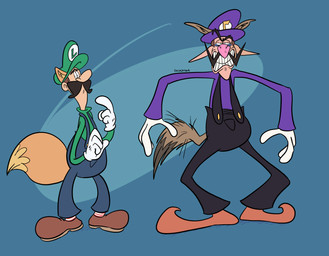 abstract_background black_clothing black_facial_hair black_mustache black_overalls blue_background blue_clothing blue_overalls brown_clothing brown_footwear brown_shoes clenched_teeth clothing dipstick_tail duo eye_bags facial_hair footwear gloves green_cap green_clothing green_shirt green_topwear half-closed_eyes handwear humanoid_pointy_ears legwear light_body light_skin looking_aside male markings mustache narrowed_eyes orange_clothing orange_footwear orange_shoes overalls pattern_clothing pattern_footwear pattern_legwear pattern_socks pointy_ears purple_cap purple_clothing purple_shirt purple_topwear shirt shoes simple_background socks striped_clothing striped_footwear striped_socks stripes tail tail_markings teeth text topwear white_clothing white_gloves white_handwear freakattack mario_bros nintendo luigi waluigi animal_humanoid canid canid_humanoid canine canine_humanoid coyote_humanoid fox_humanoid humanoid mammal mammal_humanoid 2024 artist_name digital_drawing_(artwork) digital_media_(artwork) full-length_portrait hi_res portrait