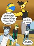 3:4 anthro anthrofied ball bottomwear clothed clothing comic cooper_(fuze) dialogue english_text forest_(fuze) fully_clothed fuze generation_1_pokemon generation_4_pokemon generation_5_pokemon hi_res kai_(fuze) male nintendo pikachu pokemon pokemon_(species) riolu shinx shirt shorts skyler_(fuze) snivy sport t-shirt tank_top text topwear volleyball volleyball_(ball)