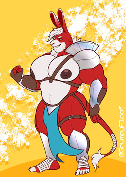 abstract_background anthro armor barazoku big_muscles big_nipples big_pecs bottomwear clothing feet foot_wraps hair huge_pecs loincloth male muscular muscular_anthro muscular_male navel nipples pecs simple_background smile solo standing straps tail tail_wraps text thick_thighs unconvincing_armor wraps grumpyfloof hare lagomorph leporid mammal 2021 hi_res url