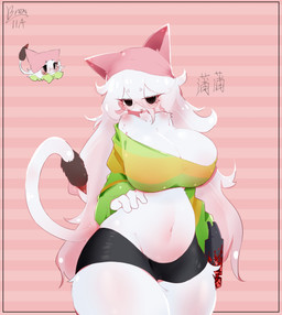 anthro anthrofied big_breasts biped blood blush bodily_fluids bottomwear breasts cleavage clothed clothing curvy_figure eyebrow_through_hair eyebrows eyelashes eyewear female fingers front_view fur glasses hair hammer hand_on_hip hat headgear headwear holding_object hotpants hourglass_figure huge_breasts huge_hips huge_thighs long_hair looking_at_viewer minishorts monotone_body narrowed_eyes navel open_mouth open_smile plant shorts simple_background smile solo standing tail text thick_thighs tools topwear translucent translucent_hair white_body white_hair wide_hips enexofme electronic_arts plants_vs._zombies popcap_games cattail_(pvz) elemental_creature felid feline flora_fauna mammal 2025 absurd_res artist_name character_name chinese_text dated digital_drawing_(artwork) digital_media_(artwork) hi_res