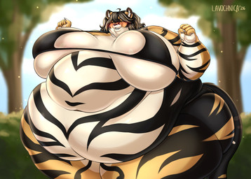 ahoge anthro big_breasts black_clothing breasts claws clothing countershading day female hair huge_breasts inner_ear_fluff morbidly_obese obese orange_body overweight overweight_anthro plant smile solo stripes summer thick_thighs topwear tree tuft lavochnica felid mammal pantherine tiger absurd_res hi_res