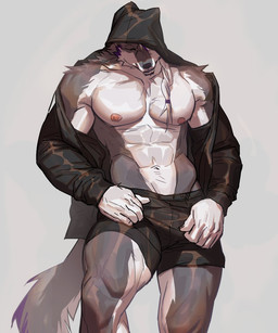 abs accessory anthro black_nose bottomwear bulge claws clothed clothing finger_claws fluffy fluffy_tail fur furgonomic_headwear furgonomics grey_body grey_fur grey_hair hair hair_accessory hoodie jacket male multicolored_body multicolored_fur muscular muscular_anthro muscular_male nipples open_clothing open_jacket open_topwear pecs shorts simple_background solo tail topwear two_tone_body two_tone_fur white_body white_fur maiyabuhantang canid canine canis mammal wolf 5:6 hi_res