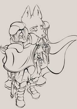 angry anthro cape cloak clothing duo female gun hair leash looking_at_viewer male male/female ranged_weapon uniform weapon ttux3 the_hub minh_(ttux3) ohma_(ttux3) canid canine canis human humanoid mammal wolf absurd_res hi_res line_art