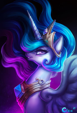 blue_hair crown female feral hair headgear horn long_hair looking_at_viewer multicolored_hair purple_eyes purple_hair side_view solo tiara white_body white_ears white_horn white_skin white_wings wings cizu friendship_is_magic hasbro my_little_pony mythology princess_celestia_(mlp) equid equine mammal mythological_creature mythological_equine winged_unicorn 2015 bust_portrait digital_media_(artwork) hi_res portrait signature