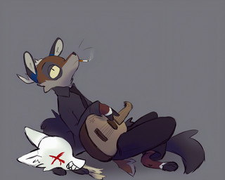 3_toes acoustic_guitar ambiguous_gender anthro antlers back_tuft barefoot black_body black_fur blank_stare bored brown_body brown_fur cheek_tuft cigarette cigarette_in_mouth clothing collared_shirt dewclaw_hooves dress_pants dress_shirt duo facial_tuft feet feral fingers fluffy fluffy_tail fur guitar head_on_hand hooved_fingers hooves horn leaning_on_another lying mostly_nude musical_instrument neck_tuft necktie object_in_mouth on_front paws playing_guitar playing_music plucked_string_instrument reclining scarf scarf_only scut_tail shirt short_tail simple_background sleeping staring_off string_instrument tail toes toothy_smile topwear tuft unguligrade white_body white_fur x_eye =djoyk= djoyk sleepi canid canine deer domestic_cat felid feline felis fox hybrid mammal digital_drawing_(artwork) digital_media_(artwork) hi_res male_(lore)