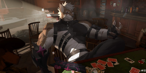ace_of_clubs anthro banknote black_bottomwear black_clothing black_nose black_pants black_topwear bottomwear brown_body brown_fur card chair claws closed_smile clothed clothing corpse death finger_claws front_view fur furniture group gun hair inside jack_of_spades king_of_hearts male messy_hair money mouth_closed muscular muscular_anthro muscular_male pants playing_card poker_chip ranged_weapon reclining red_eyes short_hair smile solo_focus table topwear weapon white_body white_claws white_fur white_hair awaldkize canid canine mammal absurd_res hi_res