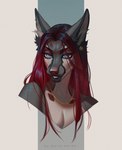 anthro blue_eyes ear_piercing eyelashes female fur gauged_ear glistening glistening_eyes grey_body grey_fur hair inner_ear_fluff long_hair piercing red_hair simple_background solo tuft white_body white_inner_ear_fluff marie_merkh canid mammal artist_name bust_portrait hi_res portrait