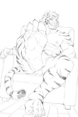 4_toes abs anthro barefoot biceps biped chair claws clothed clothing facial_hair feet finger_claws fingers foot_fetish foot_focus fur furniture hair humanoid_feet looking_at_viewer male male_anthro markings muscular muscular_anthro muscular_male navel nipples on_chair pawpads paws pecs plantigrade simple_background sitting sitting_on_chair smile soles solo striped_body striped_fur stripes tail tail_markings toe_claws toes topless underwear underwear_only whiskers white_background milk475130 felid mammal pantherine tiger hi_res monochrome sketch