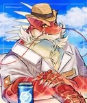 4_fingers anthro biped can clothing cloud container fingers hat headgear headwear humanoid_hands kemono outside red_body shirt solo topwear 08tamagoyaki lifewonders tokyo_afterschool_summoners itzamna_(tas) iguana iguanid lizard reptile scalie 2022 hi_res