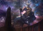 architecture armor faceless headgear helmet holding_object holding_weapon hooves macro male melee_weapon night obelisk one_leg_up outside polearm raised_leg shield sky solo spear standing star weapon slawomir_maniak hasbro magic:_the_gathering wizards_of_the_coast iroas deity taur official_art