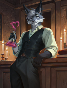 alchemy anthro belt bottomwear candle clothing ear_tuft facial_hair flask formal fur grey_body grey_fur hair inside laboratory leaning magic male pants pockets pose potion purple_eyes relaxing rolled_up shirt sleeves solo sparkles standing topwear tuft vest wear white_hair levsha lagomorph leporid mammal rabbit