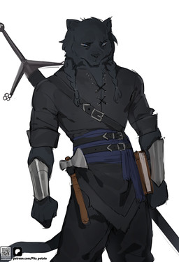 anthro axe black_body black_fur blue_eyes book fur male melee_weapon solo sword weapon pita_potato dungeons_and_dragons hasbro microsoft the_elder_scrolls wizards_of_the_coast fidou_thostrelleu felid khajiit mammal tabaxi